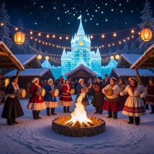 Groupe en habits traditionnels jouant des tambours autour d’un feu de camp au Carnaval de Québec, avec un château de glace illuminé et des décorations lumineuses