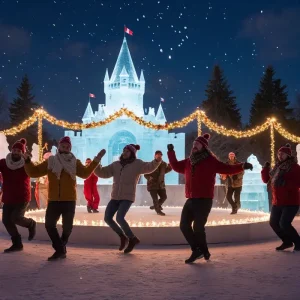 Groupe de personnes dansant joyeusement sous des guirlandes lumineuses avec un château de glace illuminé en arrière-plan au Carnaval de Québec
